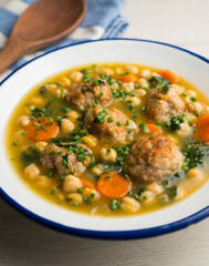 Meatball stew with chickpeas and spinach.