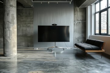 a modern seminar room, concrete floor, grey walls, only furniture is a large tv on a stand and one cool sofar at the side, eye level shot, 