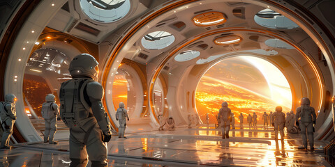A group of astronauts stand in a futuristic space station corridor, gazing at a stunning view of a glowing planet through large circular windows.