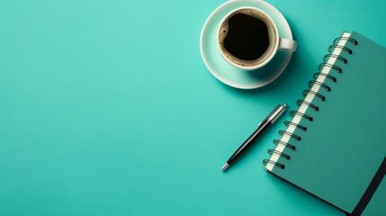 Notebook mockup with a pen and a cup of coffee. generative ai