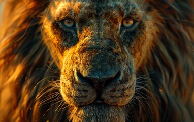 Close-up shot of a lions face, showing its intense gaze and powerful features