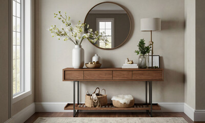 a high-quality 3D render of a modern entryway that exudes welcoming warmth. Incorporate elements such as a stylish console table, a large mirror, and functional storage solutions like hooks and a shoe