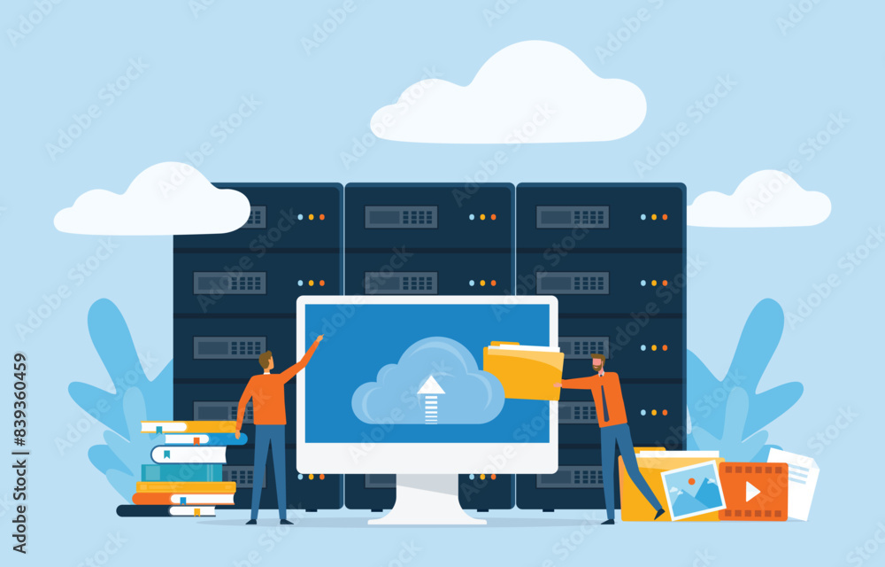 Aufkleber business technology cloud computing service concept and datacenter storage server connect on cloud with administrator and developer team working on dashboard monitor concept