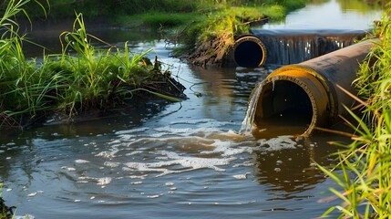 Sewage pipe discharging dirty water into the clean water of a river , water pollution by industry concept image