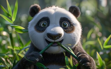 Obraz premium A panda bear eats bamboo in a lush forest