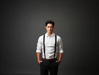 Fototapeta premium A joyful Asian man in black and white clothes against an isolated background