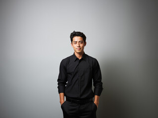 Fototapeta premium A joyful Asian man in black and white clothes against an isolated background