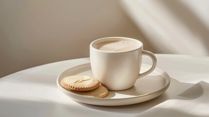 An elegant presentation of a coffee cup on a saucer, with a small cookie, set against a minimalist background