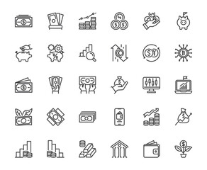 Money cash outline icon set