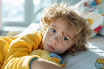 Fototapeta premium Child lying on bed with stuffed toy, childhood innocence concept