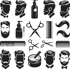Set of man hair icon for barbershop Vector illustration Silhouette white background.