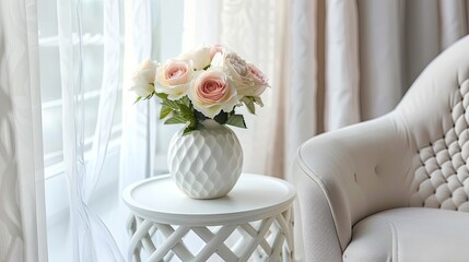 a vase with pastel flowers on a white side table near an armchair in a living room, shown in a closeup view.