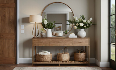a high-quality 3D render of a modern entryway that exudes welcoming warmth. Incorporate elements such as a stylish console table, a large mirror, and functional storage solutions like hooks and a shoe
