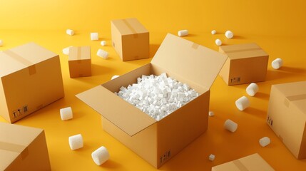 Open cardboard box with soft padding between closed boxes on yellow background. generative ai