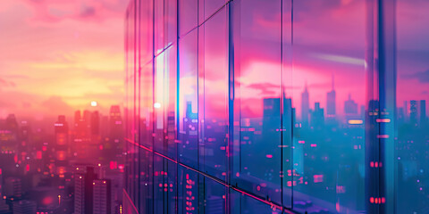 Obraz premium Chroma City Skyline: A vibrant city skyline at dusk, reflecting off the windows of a sleek futuristic building