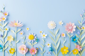 Fototapeta premium Flowers paper cut design. Beautiful spring paper cut flowers on soft color background. Valentine's Day, Birthday, Happy Woman Day, Mother's Day. Holiday poster and banner with flower papercut