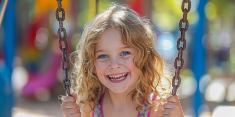 Smiling blonde girl on a swing in a playground, childhood happiness concept