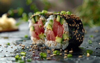 Closeup of two sushi rolls with tuna, cucumber, and avocado