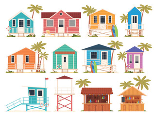 Set Beach house lifeguard tower Beach bar. Bungalow on a tropical island. Rest by the sea. Vacation on a sunny beach. Vector illustration
