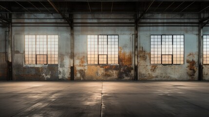 Large, empty warehouse with rows of dusty windows. Sunlight streams through, illuminating motes of dust.