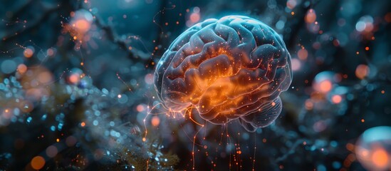 Futuristic Artificial Intelligence Concept with Glowing Brain and Neural Network Connections in a Digital Landscape