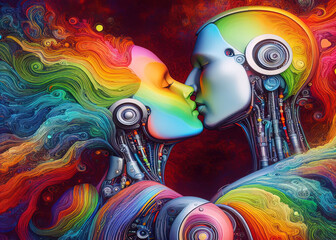 An abstract illustration of two faces kissing, in a loving embrace, depicted with vibrant, swirling colors symbolizing unity, pride, and diversity.  