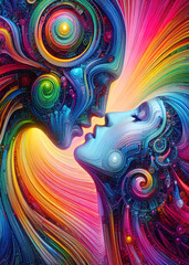 An abstract illustration of two faces kissing, in a loving embrace, depicted with vibrant, swirling colors symbolizing unity, pride, and diversity.  