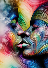An abstract illustration of two faces kissing, in a loving embrace, depicted with vibrant, swirling colors symbolizing unity, pride, and diversity.  