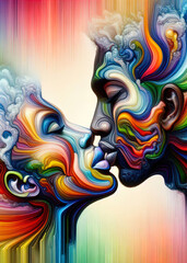 An abstract illustration of two faces kissing, in a loving embrace, depicted with vibrant, swirling colors symbolizing unity, pride, and diversity.  