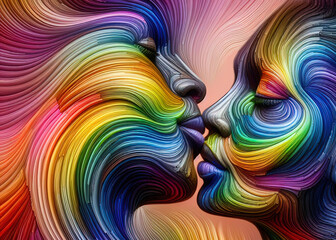 An abstract illustration of two faces kissing, in a loving embrace, depicted with vibrant, swirling colors symbolizing unity, pride, and diversity.  
