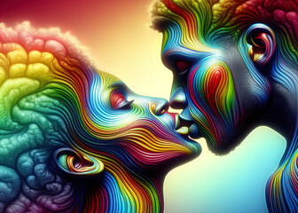 An abstract illustration of two faces kissing, in a loving embrace, depicted with vibrant, swirling colors symbolizing unity, pride, and diversity.  