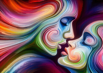 An abstract illustration of two faces kissing, in a loving embrace, depicted with vibrant, swirling colors symbolizing unity, pride, and diversity.  