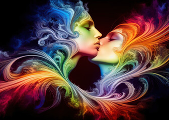 An abstract illustration of two faces kissing, in a loving embrace, depicted with vibrant, swirling colors symbolizing unity, pride, and diversity.  