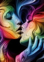 An abstract illustration of two faces kissing, in a loving embrace, depicted with vibrant, swirling colors symbolizing unity, pride, and diversity.  