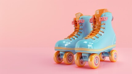 Fototapeta premium A pair of vibrant retro-style roller skates on a shiny pink background.