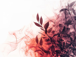 Abstract white, orange and purple background with flowers and leaves.