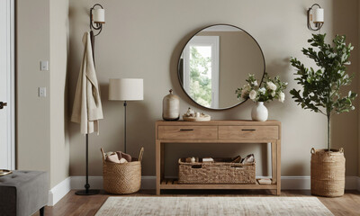 a high-quality 3D render of a modern entryway that exudes welcoming warmth. Incorporate elements such as a stylish console table, a large mirror, and functional storage solutions like hooks and a shoe