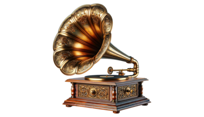 Antique brass and wooden gramophone  isolated on transparent or white background