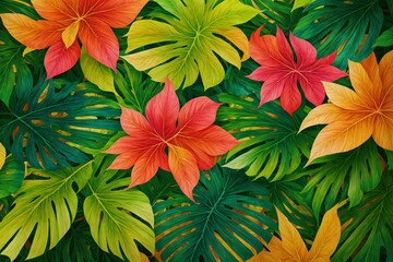 Fototapeta premium A vibrant tropical leaf pattern with lush greens and exotic shapes