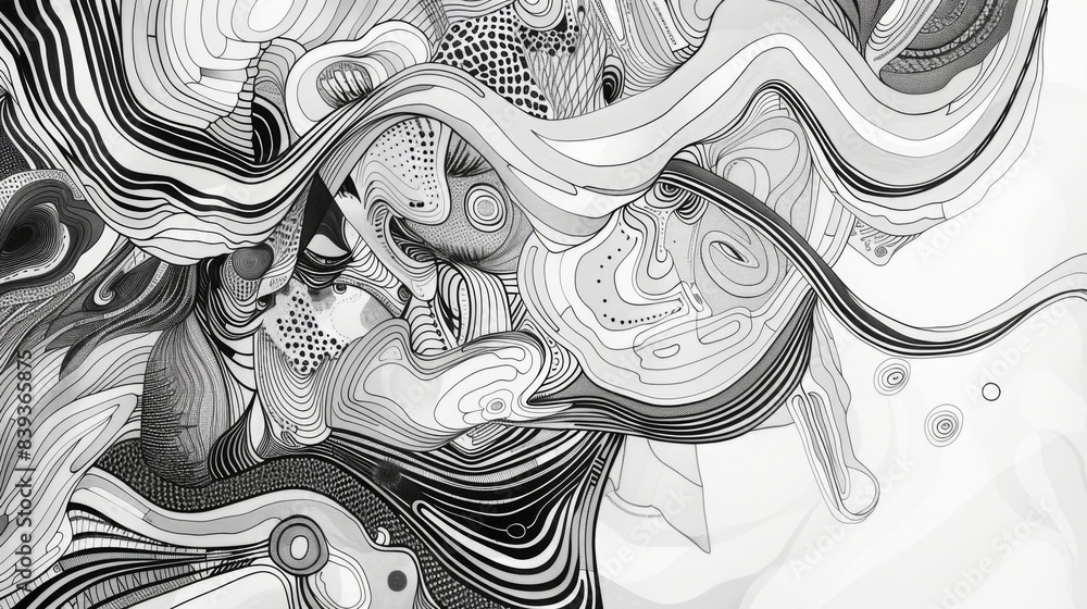 Poster an abstract line drawing with flowing, interconnected shapes and patterns, creating a visually engag