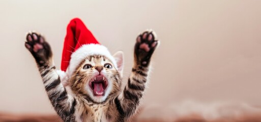 Obraz premium funny kitten in Santa hat playing raising paws making funny face with mouth open on light brown background, with copy space. Holiday sale banner
