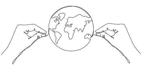 Human hands hold Earth globe continuous line drawn. Save of Planet concept. Vector illustration isolated on white background.
