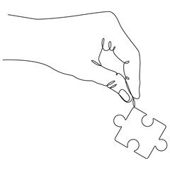 Hand holds puzzle piece continuous line drawing. Teamwork concept. Vector illustration isolated on white.	