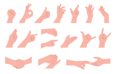 Set of human hands with different gestures. Hands in different angles of poses. Vector illustration