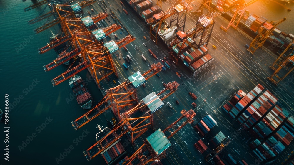 Poster aerial view of container terminal with cranes loading ships under a clear sky