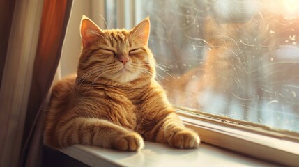 An adorable fat cat with a big smile, sitting on a sunny windowsill, basking in the warmth and looking content