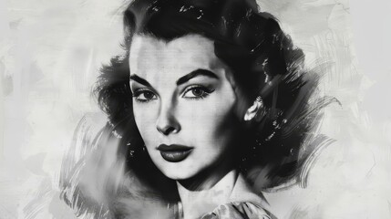 vintage black and white headshot of glamorous hollywood actress retro celebrity portrait digital painting