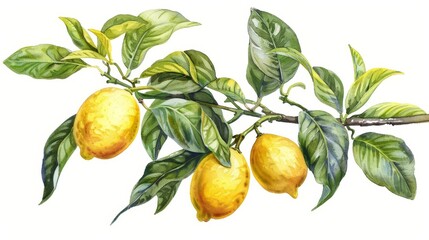 vintage botanical illustration of lemon tree with ripe fruits isolated on white watercolor painting
