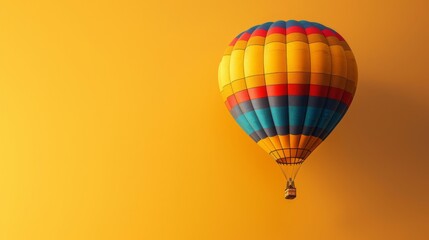 A vibrant hot air balloon floats gracefully against a bright yellow sky - Powered by Adobe