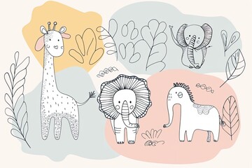 Minimalist line drawings of friendly animals like elephants, giraffes, and lions, on a soft pastel background